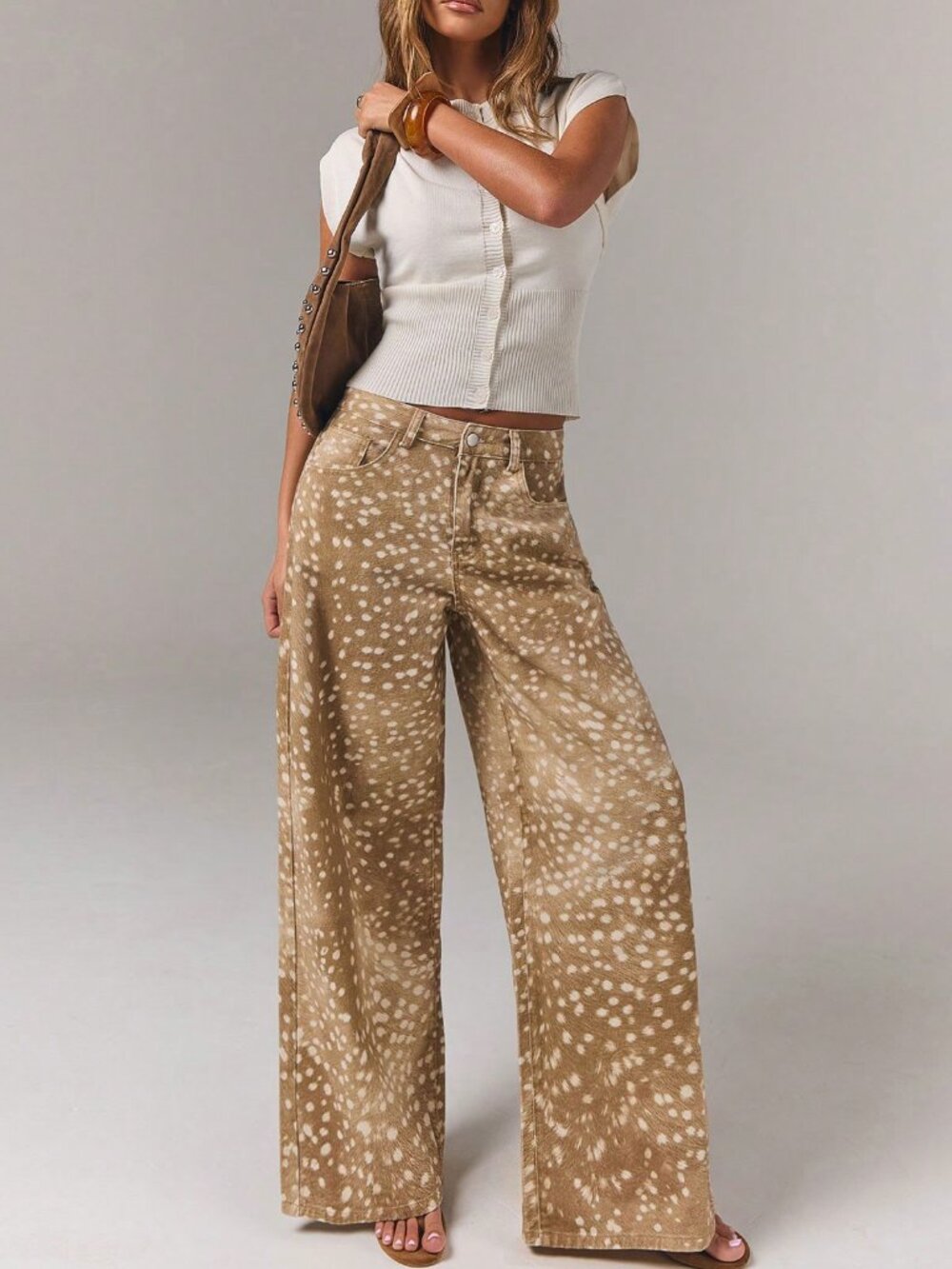 Khaki Casual Womens Denim Versatile All-Over fawn Print Button Pocket Long Pants - Picture 5 of 5
